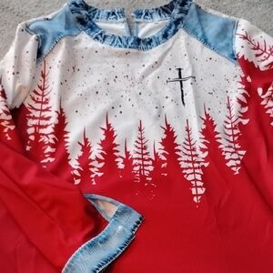 Red and White Ladies Shirt with Cross Design